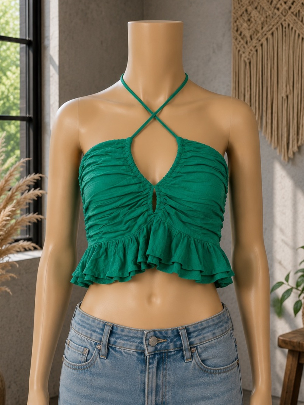 Free People Green Ruched Halter Crop Top Boho 100% Cotton Size Small